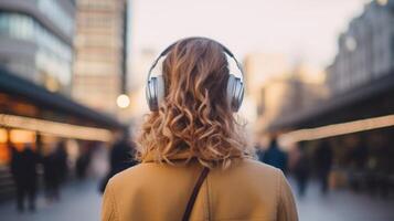 AI generated Music therapy, harmony, mental health concept. Pretty young woman enjoying music with headphones outdoors. Woman wearing headphones enjoying music and good vibes photo