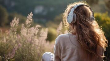 AI generated Music therapy, harmony, mental health concept. Pretty young woman enjoying music with headphones outdoors. Woman wearing headphones enjoying music and good vibes photo