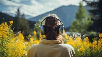 AI generated Music therapy, harmony, mental health concept. Pretty young woman enjoying music with headphones outdoors. Woman wearing headphones enjoying music and good vibes photo