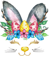 Aquarell Hase Ohren Illustration. Hase mit Frühling Strauß. Blumen Blüte, Weide und Hase Ohren, sanft Rose, Geäst, Grün Blätter. perfekt zum Einladungen, Gruß Karten, Plakate png