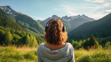 AI generated Music therapy, harmony, mental health concept. Pretty young woman enjoying music with headphones outdoors. Woman wearing headphones enjoying music and good vibes photo