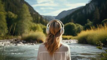 ai generado música terapia, armonía, mental salud concepto. bonito joven mujer disfrutando música con auriculares al aire libre. mujer vistiendo auriculares disfrutando música y bueno vibraciones foto