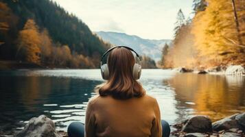 AI generated Music therapy, harmony, mental health concept. Pretty young woman enjoying music with headphones outdoors. Woman wearing headphones enjoying music and good vibes photo