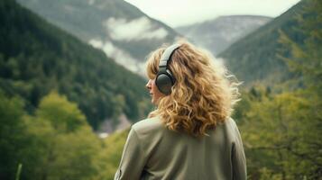 ai generado música terapia, armonía, mental salud concepto. bonito joven mujer disfrutando música con auriculares al aire libre. mujer vistiendo auriculares disfrutando música y bueno vibraciones foto