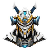 ai gegenereerd een robot hoofd met een helm en blauw en geel schild png