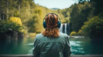 AI generated Music therapy, harmony, mental health concept. Pretty young woman enjoying music with headphones outdoors. Woman wearing headphones enjoying music and good vibes photo