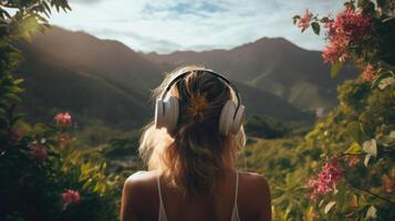 AI generated Music therapy, harmony, mental health concept. Pretty young woman enjoying music with headphones outdoors. Woman wearing headphones enjoying music and good vibes photo