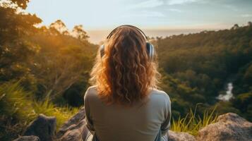 AI generated Music therapy, harmony, mental health concept. Pretty young woman enjoying music with headphones outdoors. Woman wearing headphones enjoying music and good vibes photo