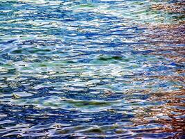 antecedentes de el agua de lago traunsee en el costero área. vistoso textura de piedras debajo agua. foto