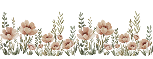 seamless border with delicate pink meadow flowers, watercolor illustration. png