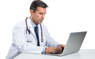 ai gerado focado médico analisando médico registros em transparente fundo png