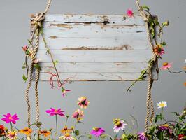 AI generated A handmade wooden sign hung by vine ropes and surrounded by colorful flowers photo