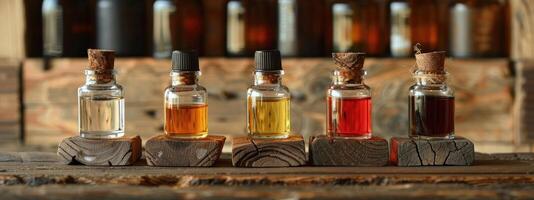 AI generated bottles of essential oils, mockup, on wooden table photo