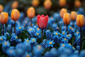 AI generated theme of outdoor spring with colorful flowers professional photography photo