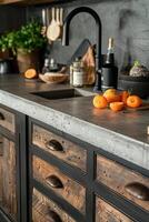 AI generated kitchen benchtop detail. concrete benchtop and timber drawers photo