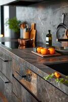 AI generated kitchen benchtop detail. concrete benchtop and timber drawers photo