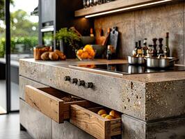 AI generated kitchen benchtop detail. concrete benchtop and timber drawers photo