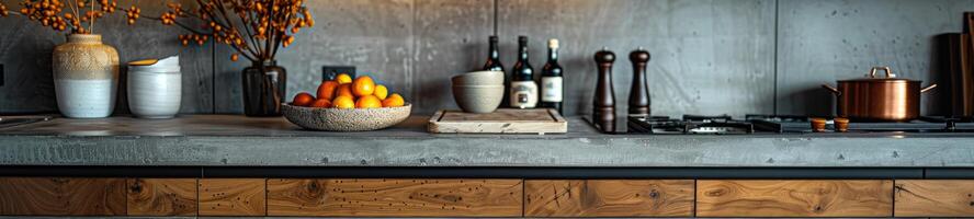 AI generated kitchen benchtop detail. concrete benchtop and timber drawers photo