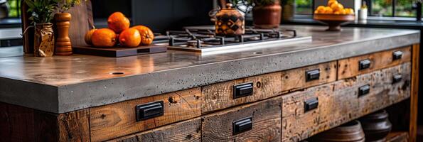 AI generated kitchen benchtop detail. concrete benchtop and timber drawers photo