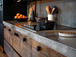 AI generated kitchen benchtop detail. concrete benchtop and timber drawers photo