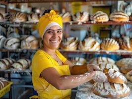 ai generado un panadero en un panadería, ella es horneando un pan con un sonrisa foto