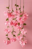 AI generated hanged floated flowers, pink theme photo