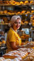 ai generado un panadero en un panadería, ella es horneando un pan con un sonrisa foto