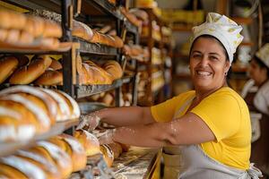 ai generado un panadero en un panadería, ella es horneando un pan con un sonrisa foto