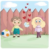 Kids in love. Cartoon Illustration. Shying Boy gives flower to Cute Girl. vector