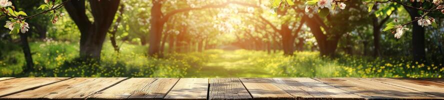 AI generated Spring Table With Trees In Bloom And Defocused Sunny Garden In Background photo
