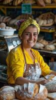 AI generated A baker in a bakery, she is baking bread with a smile photo