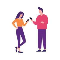 Boy and girl chatting on mobile, Man woman couple chatting on mobile phone. Messaging using chat app or social network. Two persons cellphone conversation sending messages illustration vector