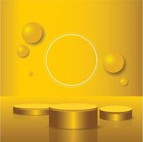 podio de oro vacío con anillo de neón amarillo de línea en el fondo. procesamiento 3d escena abstracta oscura con pedestal flotando en el aire y marco circular de neón vector