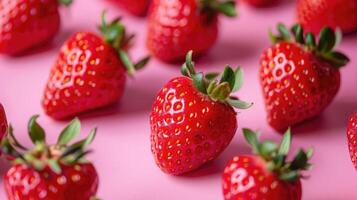 ai generado Fresco jugoso fresas en un rosado antecedentes foto