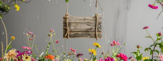 AI generated A handmade wooden sign hung by vine ropes and surrounded by colorful flowers photo