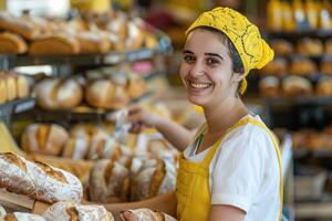 ai generado un panadero en un panadería, ella es horneando un pan con un sonrisa foto