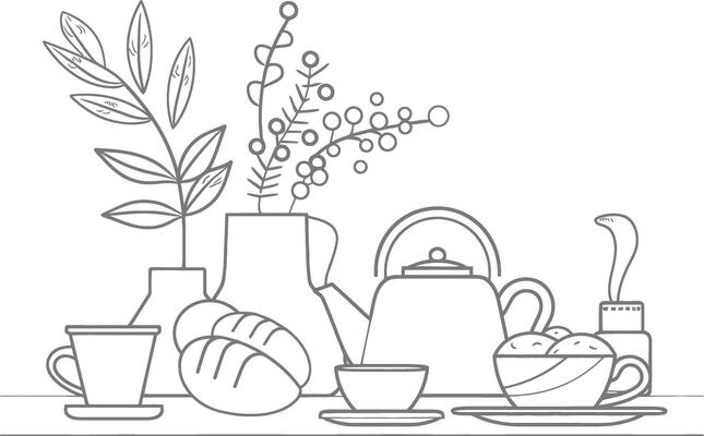 AI generated Breakfast menu ready to eat simple Outline illustration minimalist line art