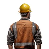 ai gerado costas Visão masculino construção trabalhador braços cruzado vestindo protetora roupas capacete isolado png
