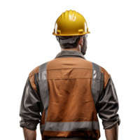 ai généré retour vue Masculin construction ouvrier bras franchi portant protecteur vêtements casque isolé png