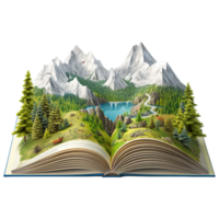 AI generated mountain nature on opened book of knowledge isolated on transparent background png