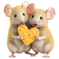 ai generado San Valentín día dos cariñoso blanco ratones corazón conformado queso en románticamente temática fondo png