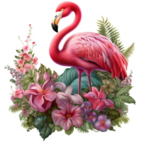 ai gerado fofa Rosa flamingo com flores fofa floral flamingo isolado em transparente fundo png