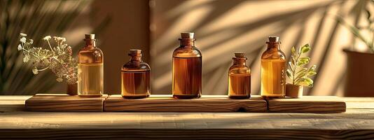 AI generated bottles of essential oils, mockup, on wooden table photo