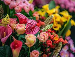 AI generated bouquet of fresh colorful flowers on display photo