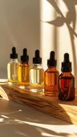 AI generated bottles of essential oils, mockup, on wooden table photo