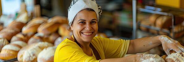 AI generated A baker in a bakery, she is baking bread with a smile photo