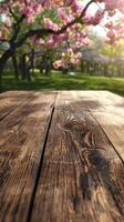 AI generated Spring Table With Trees In Bloom And Defocused Sunny Garden In Background photo