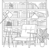 ai generado contorno ilustración para el estudiar habitación tiene estantería y muchos libro en allí vector