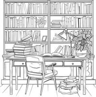 ai generado contorno ilustración para el estudiar habitación tiene estantería y muchos libro en allí vector