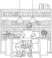 ai generado contorno ilustración para el estudiar habitación tiene estantería y muchos libro en allí vector